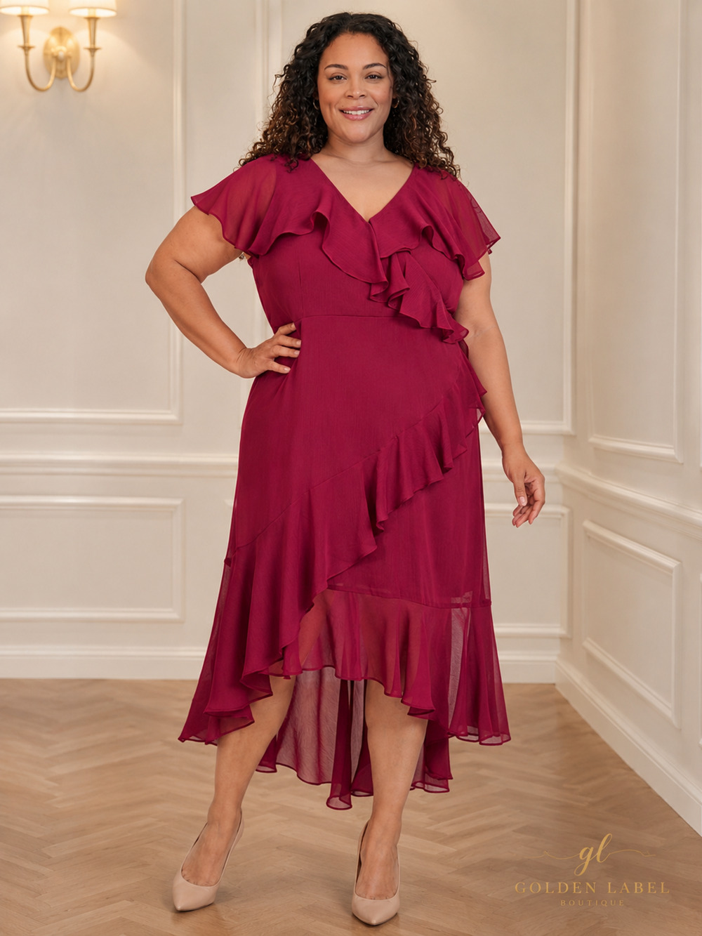 DKNY Plus 16W Burgundy Ruffle High Low Chiffon Dress NWT